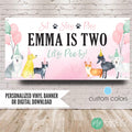 dog birthday banner with puppies in party hats and balloons in pink and mint color scheme