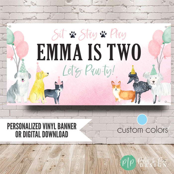 dog birthday banner with puppies in party hats and balloons in pink and mint color scheme