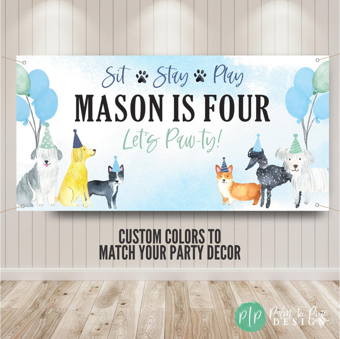 dog birthday banner with watercolor dog clipart and balloons