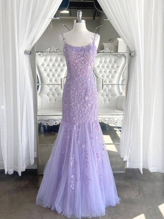 Purple Mermaid Lace Long Prom Dresses, Long Mermaid Purple Lace Formal Evening Dresses