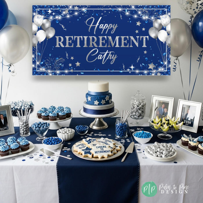 Retirement celebration party in navy and silver color scheme with dessert table and personalized banner