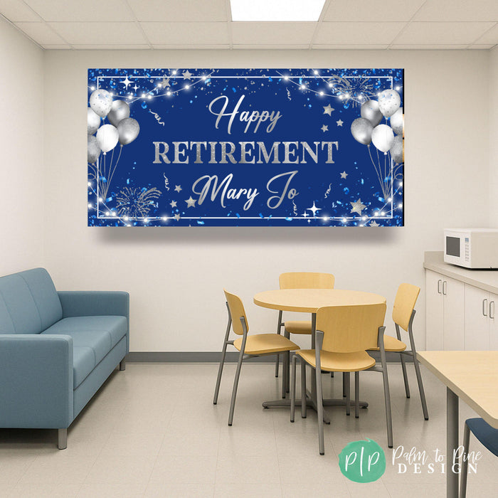 happy retirement banner on a blue background with silver and white words and balloons