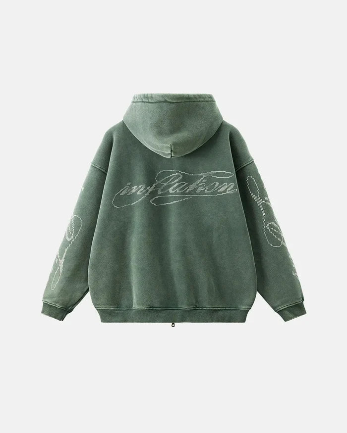 Rhinestone Distressed Washed Zip Up Hoodies | Inflation Streetwear