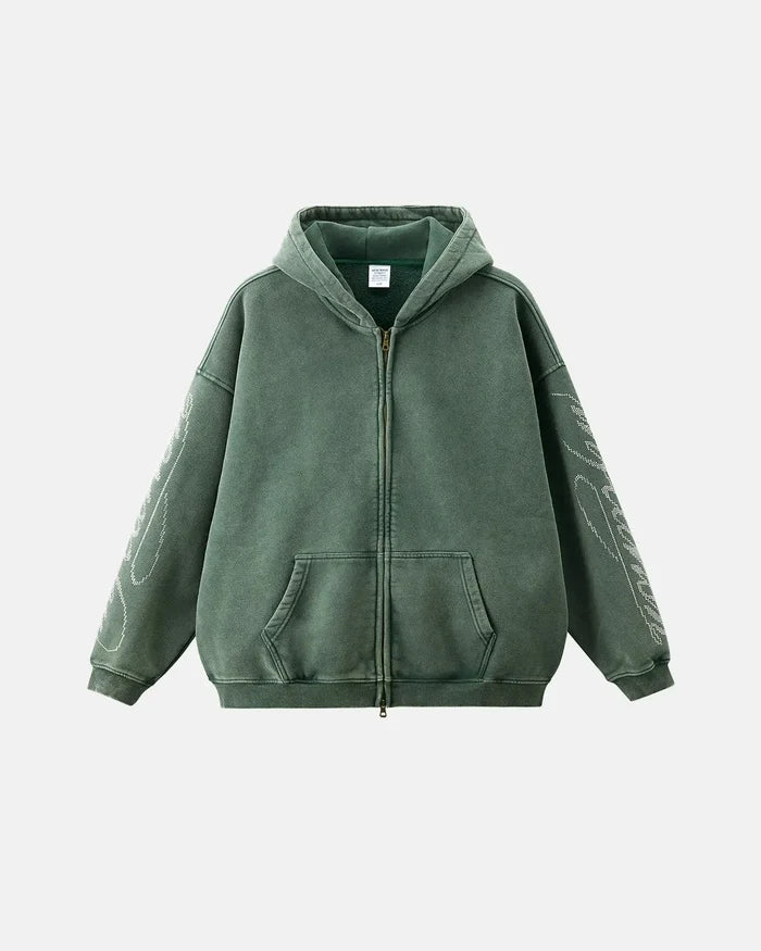 Rhinestone Distressed Washed Zip Up Hoodies | Inflation Streetwear