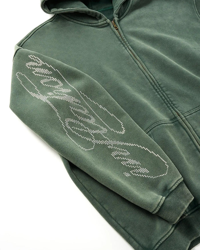 Rhinestone Distressed Washed Zip Up Hoodies | Inflation Streetwear