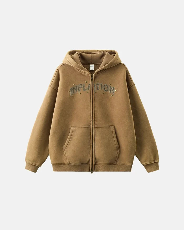 Rivets Dragon Acid Wash Zip Up Hoodies | Inflation Streetwear