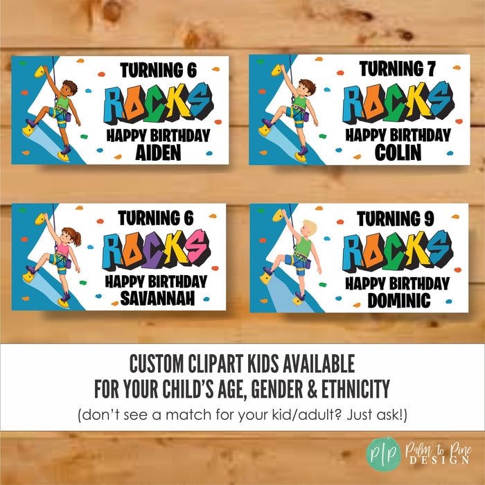 Rock Climbing Birthday Banner for kids and teens featuring different age and gender options