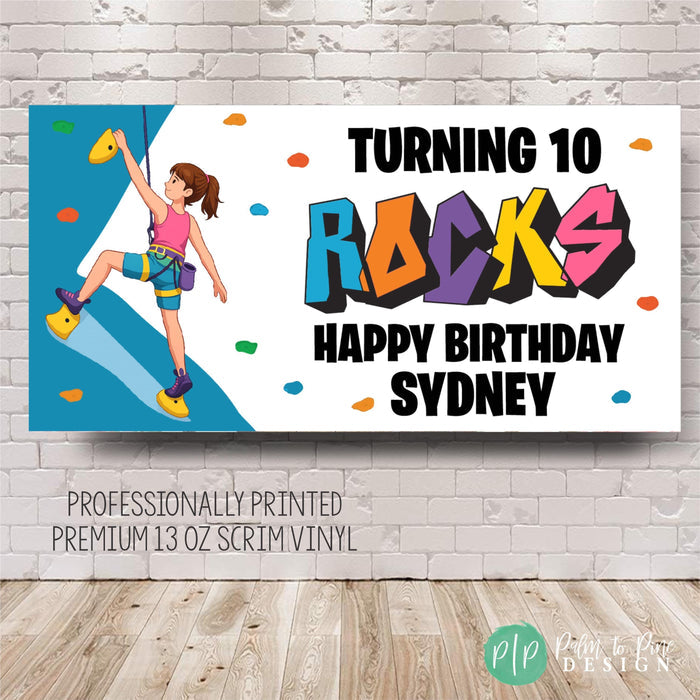 Rock climbing birthday banner for tween or teen girls shown on brick wall background