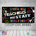 black background with vibrant rainbow coloring rock n roll teacher appreciation banner