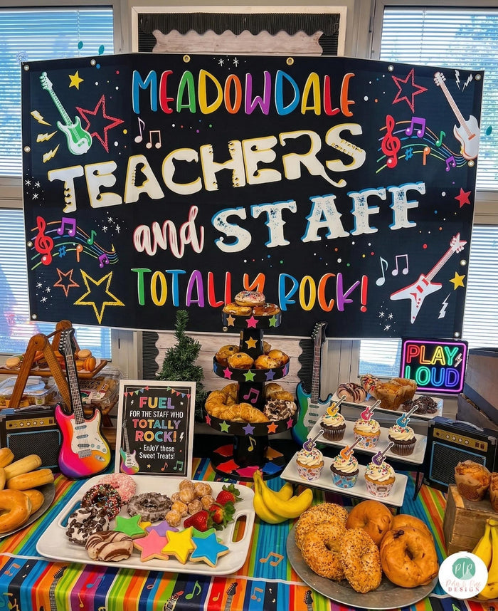Teacher appreciation week display in staff breakroom with a rockstar music theme in bright colors