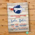 Rustic vintage airplane baby shower invitation for a boy, personalized with parents' names and details