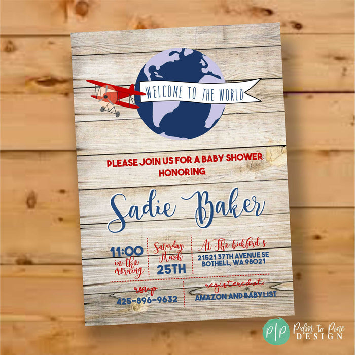 Rustic vintage airplane baby shower invitation for a boy, personalized with parents' names and details