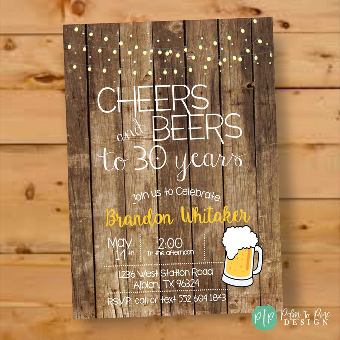 Rustic Cheers and Beers 30th Birthday Invitation