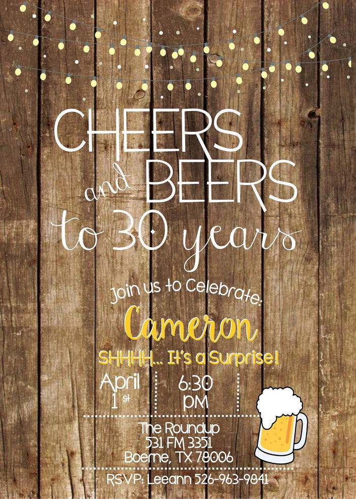 Rustic Cheers and Beers 30th Birthday Invitation