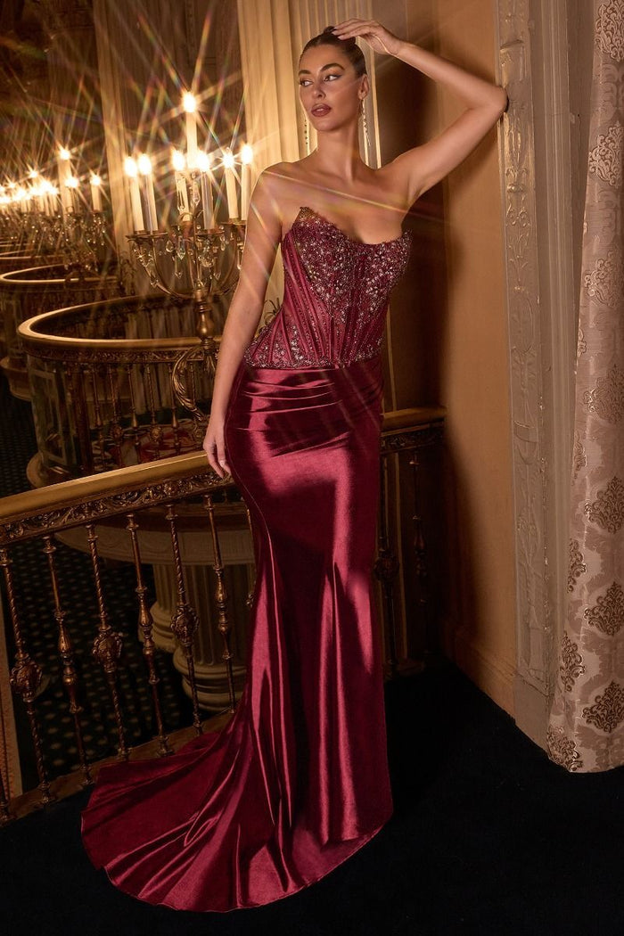 Satin Scoop Neckline Leg Slit Gown By Ladivine CD725 - Women Evening Formal Gown - Special Occasion