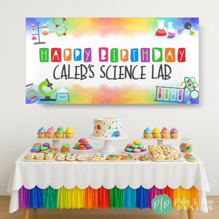 Science birthday banner with rainbow watercolor background and science clipart including beakers, ions, and microscopes