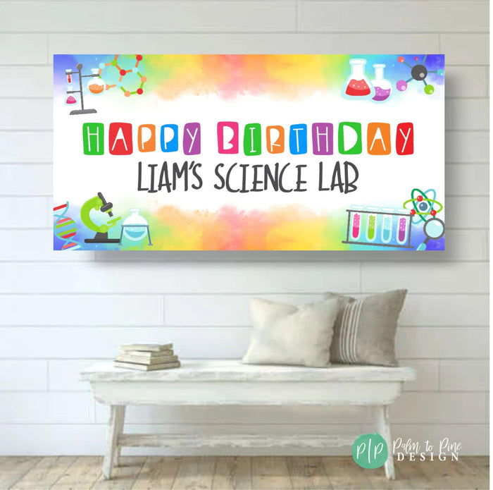 Rainbow science birthday decoration with watercolor texture and science lab icons like beakers, molecules, and microscopes