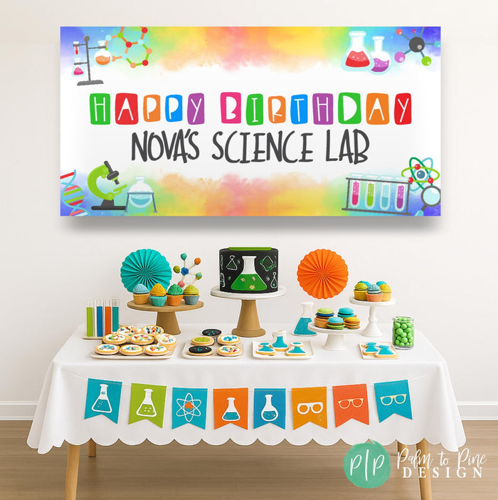 science birthday banner and party set up with watercolor design and colorful lab elements for chemistry or STEM party theme