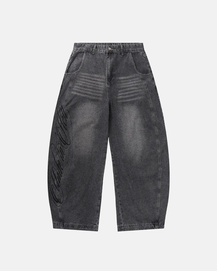 Script Graphic Washed Barrel Jeans | Inflation Streetwear
