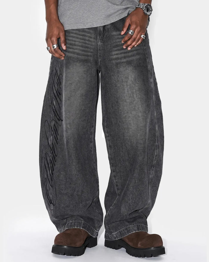 Script Graphic Washed Barrel Jeans | Inflation Streetwear