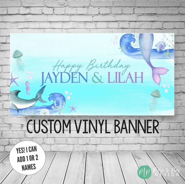 Under the Sea Shark and Mermaid Birthday Banner for Boy Girl birthday with shark tail and mermaid fins and ocean animals like jellyfish and starfish