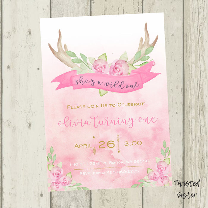 Boho chic Wild One first birthday invitation with floral antlers and blush pink watercolor