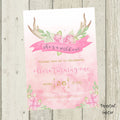 Boho chic Wild One first birthday invitation with floral antlers and blush pink watercolor