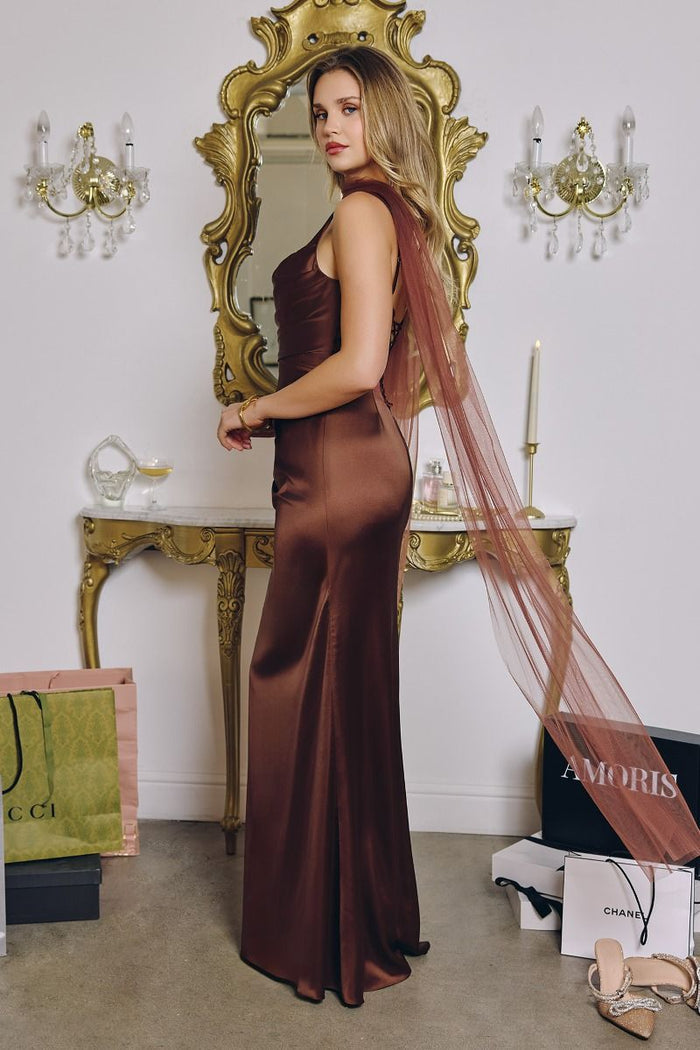 Smooth Satin Draped Neckline Gown By Amoris T729 - Women Evening Formal Gown - Special Occasion