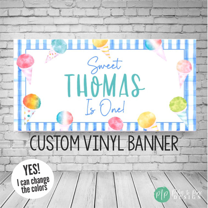 snow cone birthday party banner with light blue gingham plaid and rainbow snowcones