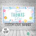snow cone birthday party banner with light blue gingham plaid and rainbow snowcones