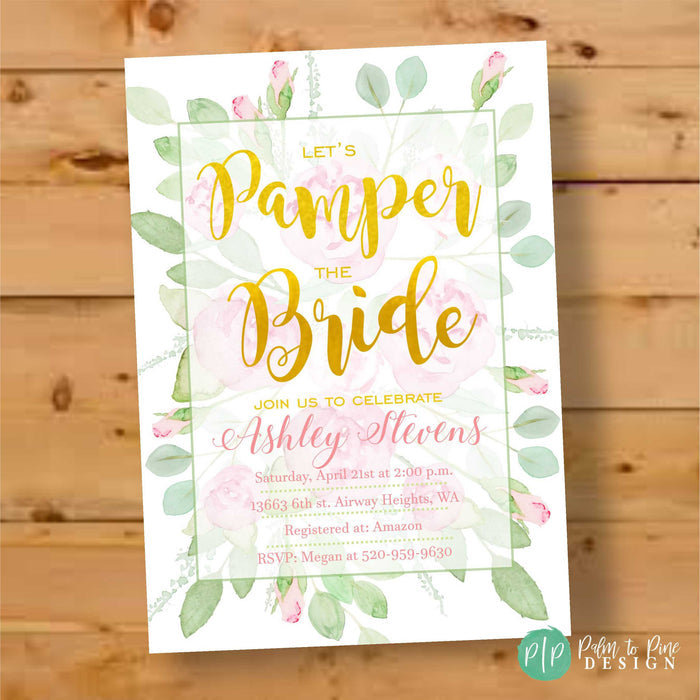 Peony and eucalyptus floral watercolor spa day bridal shower invitation, personalized with bride's name