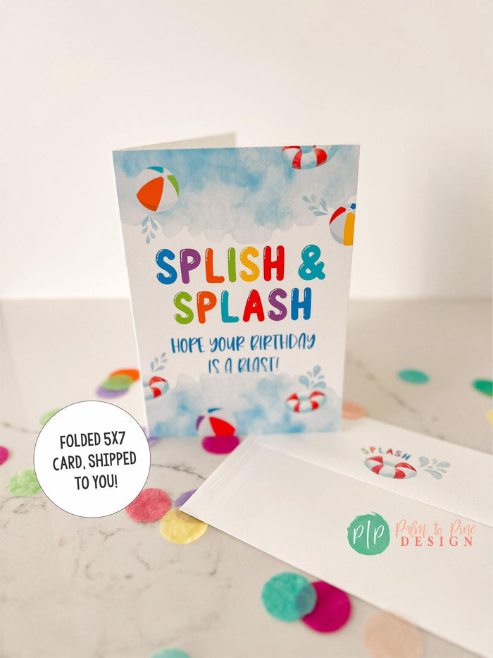 folded birthday greeting card for kids with summer splish splash pool party theme