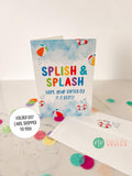 folded birthday greeting card for kids with summer splish splash pool party theme