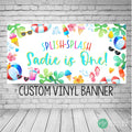 summer birthday banner with pool party, flamingos, sunglasses, popsicles and all things summer clipart