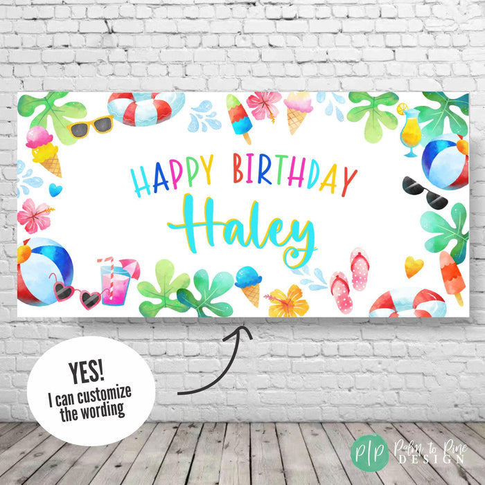 Colorful summer birthday banner with pool party theme featuring flamingos, sunglasses, popsicles, and beachy clipart, perfect for a fun kids’ celebration in the sun.