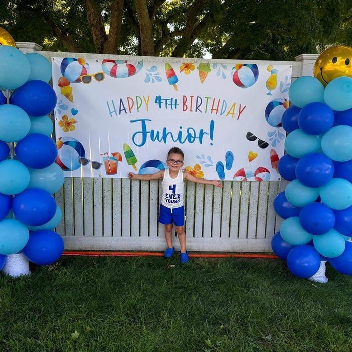 Summer Birthday Banner for boys with balloon garland and splish splash theme
