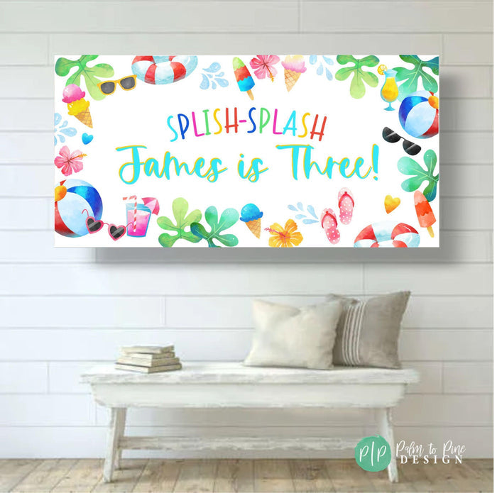 Personalized pool party birthday banner with flamingos, popsicles, sunglasses, and bright summer graphics, ideal for a tropical backyard bash.