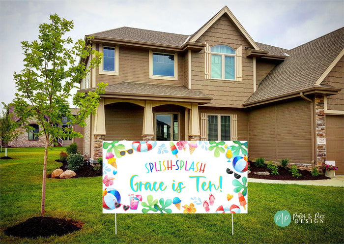 Summer-themed birthday banner with fun clipart of flamingos, ice pops, sunglasses, and pool floats, customized with name and age in front yard as welcome sign