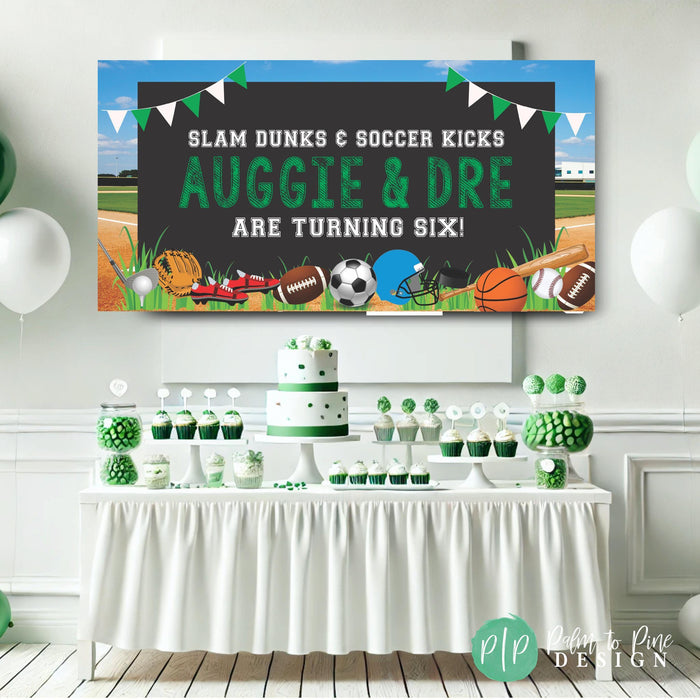 sports field background with chalkboard. sports balls and equipment clipart lining the bottom on grass.