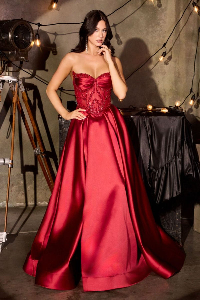 Strapless Floral Beadwork A-Line Gown By Ladivine CD389 - Women Evening Formal Gown - Special Occasion