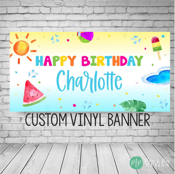 Summer birthday banner with pool party and splish splash theme