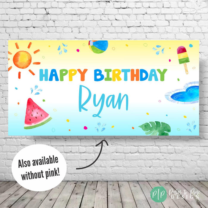 summer birthday party banner with beach ball, sunshine, watermelon slice and pool theme