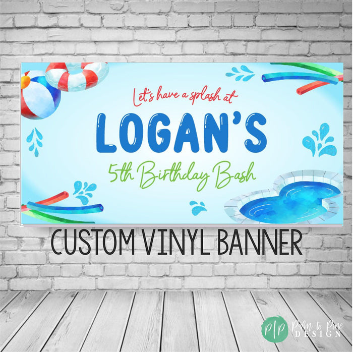 Pool party birthday banner for kids with blue background and pool toy clipart
