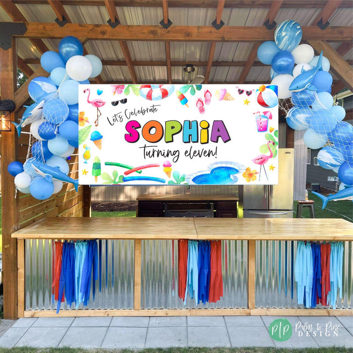 splish splash summer birthday banner in bright colors with shark balloon garland