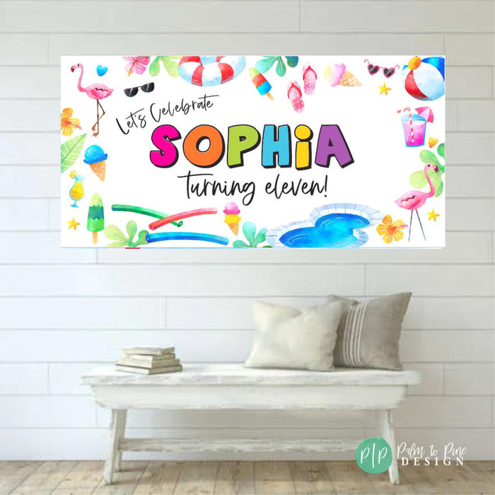 girls summer birthday banner in front of white shiplap wall