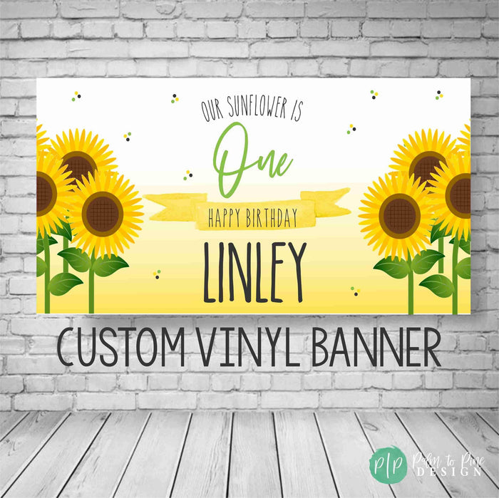 Sunflower birthday banner with yellow ombre background and large sunflowers