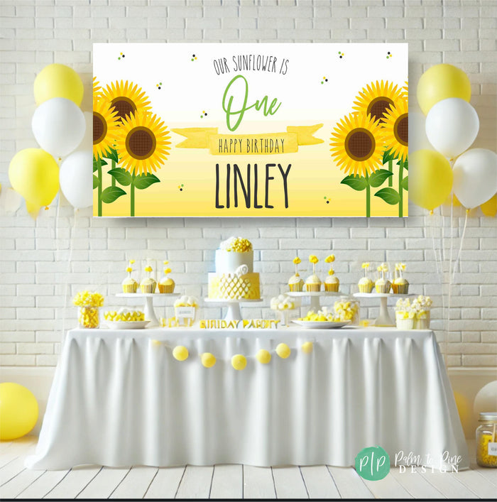 personalized sunflower birthday banner with bright yellow sunflower clipart.