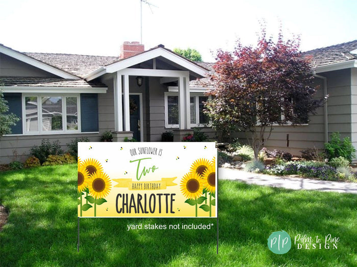 Sunflower birthday banner with a yellow ombre background and bold watercolor sunflowers, perfect for a summer or garden party.