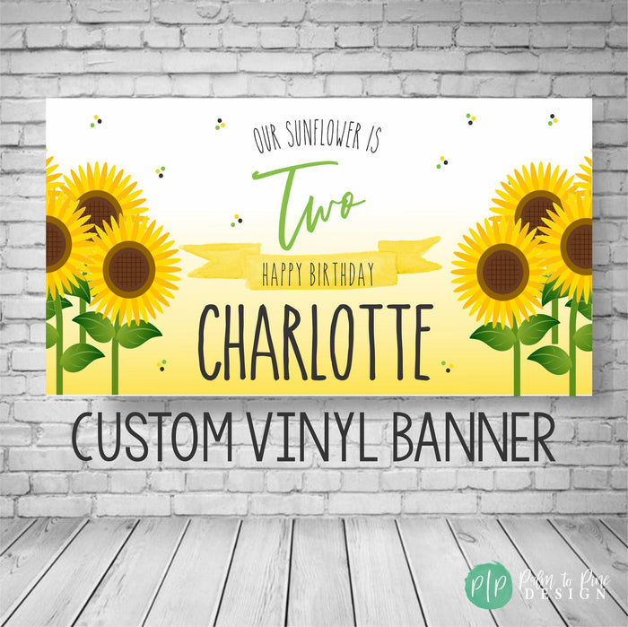 Yellow ombre birthday banner featuring large sunflower illustrations and custom text for a cheerful birthday celebration