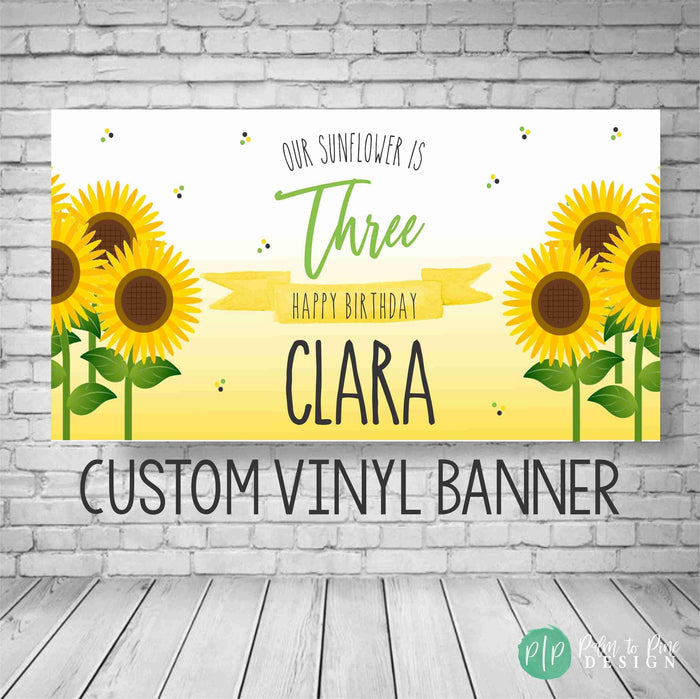Personalized sunflower birthday party banner with golden yellow ombre background and bright sunflower artwork